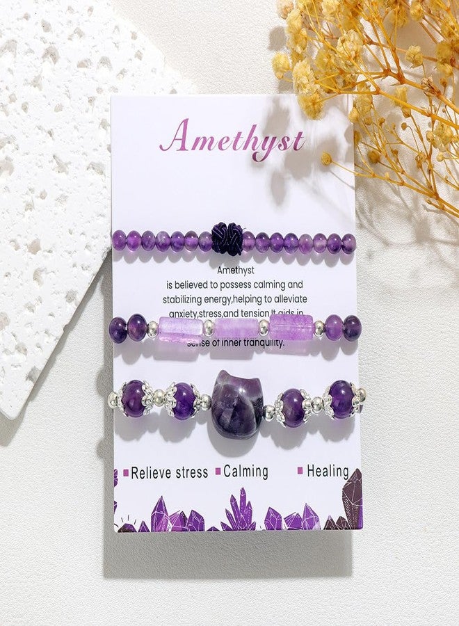 Reyife 3PCS Healing Crystal Bracelet for Women, Natural Stone Beaded Stackable Stretch Bracelets for Women, Spiritual Anxiety Protection Bracelet Women's Jewelry Inspirational Gifts (Amethyst) - Image 5