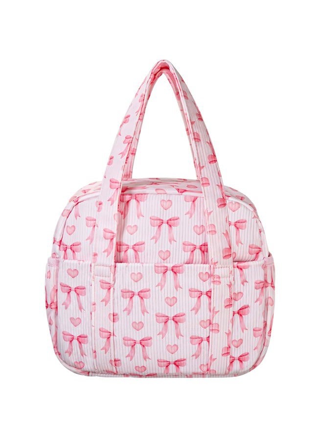 Yarnic Lunch Bag Women Men Insulated, Large Corduroy Lunch Box for Work with Bottle Pockets, Stylish Reusable Cooler Tote for Adults Teachers Picnic Hiking (Pink Bow) - Image 1