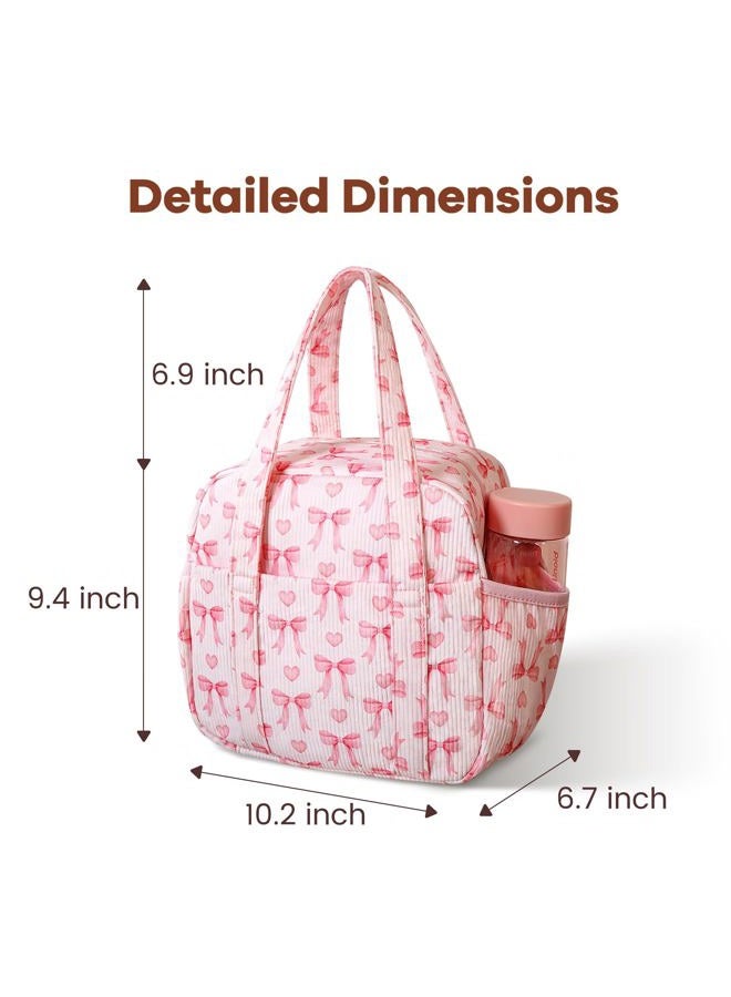 Yarnic Lunch Bag Women Men Insulated, Large Corduroy Lunch Box for Work with Bottle Pockets, Stylish Reusable Cooler Tote for Adults Teachers Picnic Hiking (Pink Bow) - Image 5
