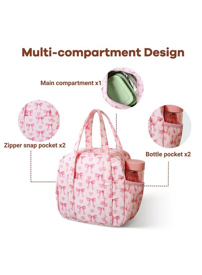 Yarnic Lunch Bag Women Men Insulated, Large Corduroy Lunch Box for Work with Bottle Pockets, Stylish Reusable Cooler Tote for Adults Teachers Picnic Hiking (Pink Bow) - Image 4