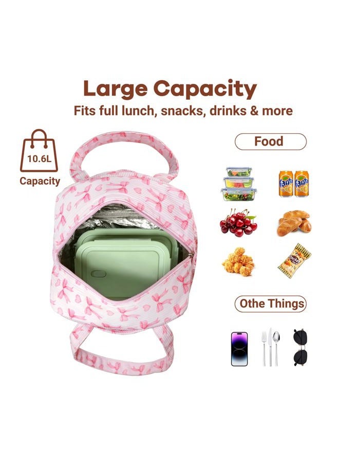 Yarnic Lunch Bag Women Men Insulated, Large Corduroy Lunch Box for Work with Bottle Pockets, Stylish Reusable Cooler Tote for Adults Teachers Picnic Hiking (Pink Bow) - Image 3