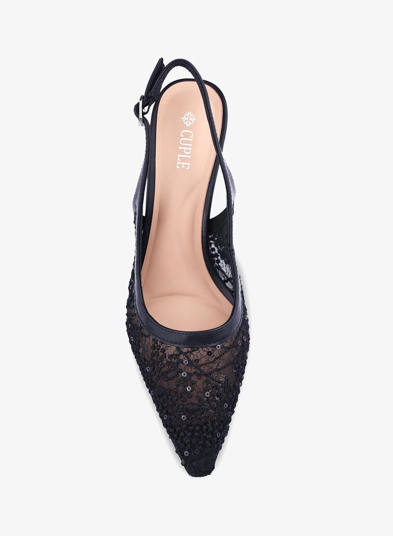Cuple  Womens slingback lacy mesh pattern heeled shoes for Women | Best Price UAE