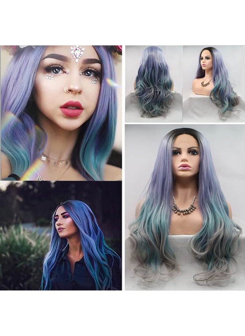 Xiweiya xiweiya Natural Body Wave Mermaid Piano Color Blue to Light Blue Gray with Black Roots Four Tone Synthetic Lace Front Wig Heat Resistant Replacement Wigs for Women 