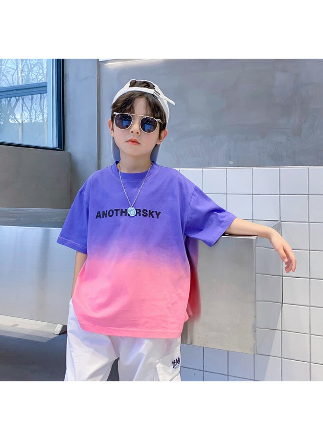 Trendy Brand Hanging-dyed Cotton Short-sleeved T-shirt For Boys Summer  New Korean Children's Clothes Medium And Large Children's Half-sleeved