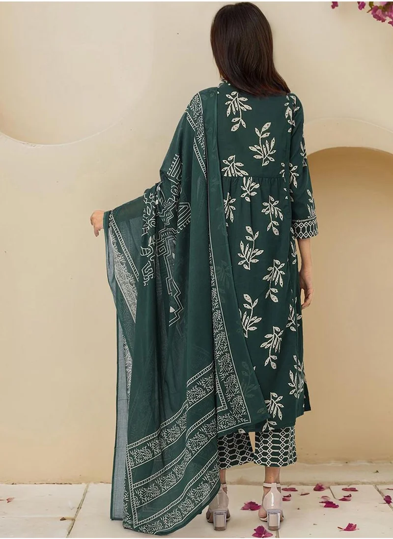 آي شين Women's Bottle Green 100% Cotton Embellished Tunic Full Length Casual Straight Fit Kurta Set