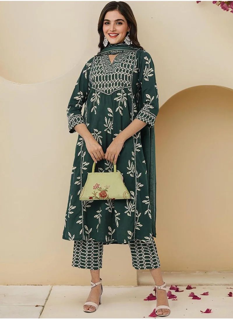 آي شين Women's Bottle Green 100% Cotton Embellished Tunic Full Length Casual Straight Fit Kurta Set