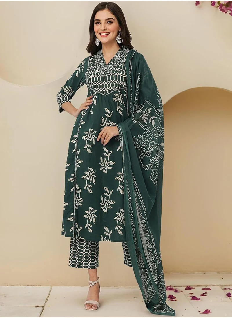 آي شين Women Bottle Green Cotton Kurta Sets 3pcs sets