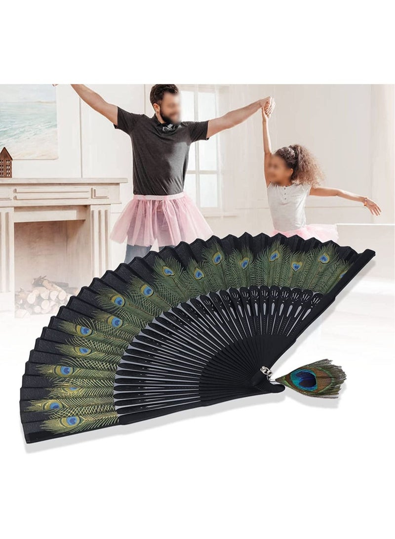 Captaintech Folding Fan, Womens Bamboo Fan Vintage Chinese Style, Black Bones Beautiful Peacock Pattern Antique Hand Fan for Wedding, Party Favor, Performance, Dance,Festival, Gift, Home Decoration - Image 2