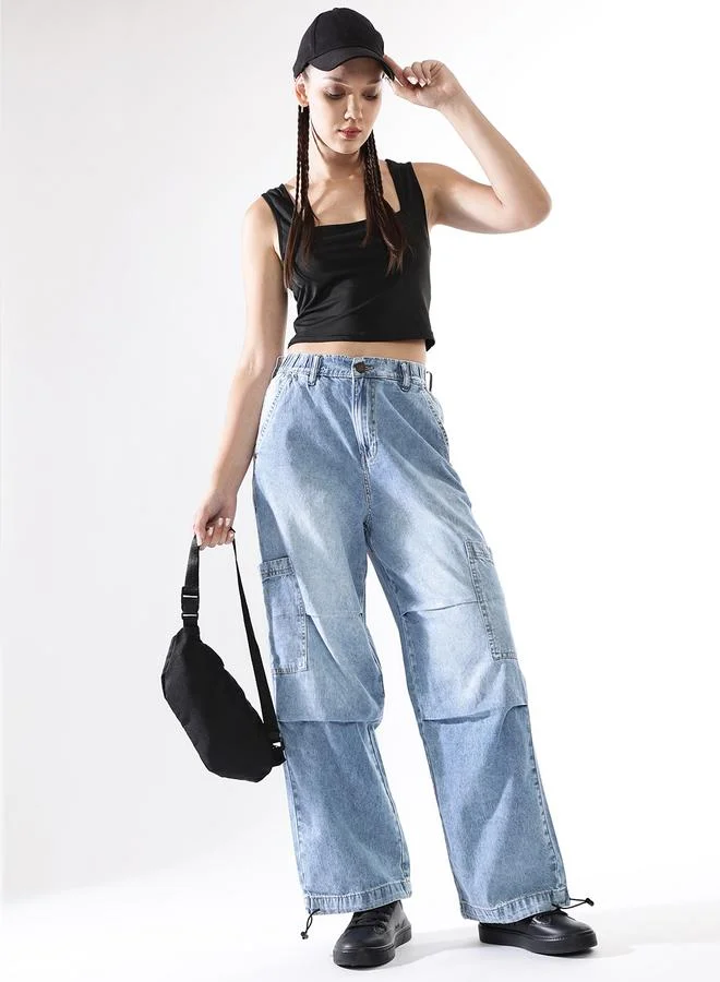 Women Baggy Fit Parachute Cargo High-Rise Light Fade Jeans