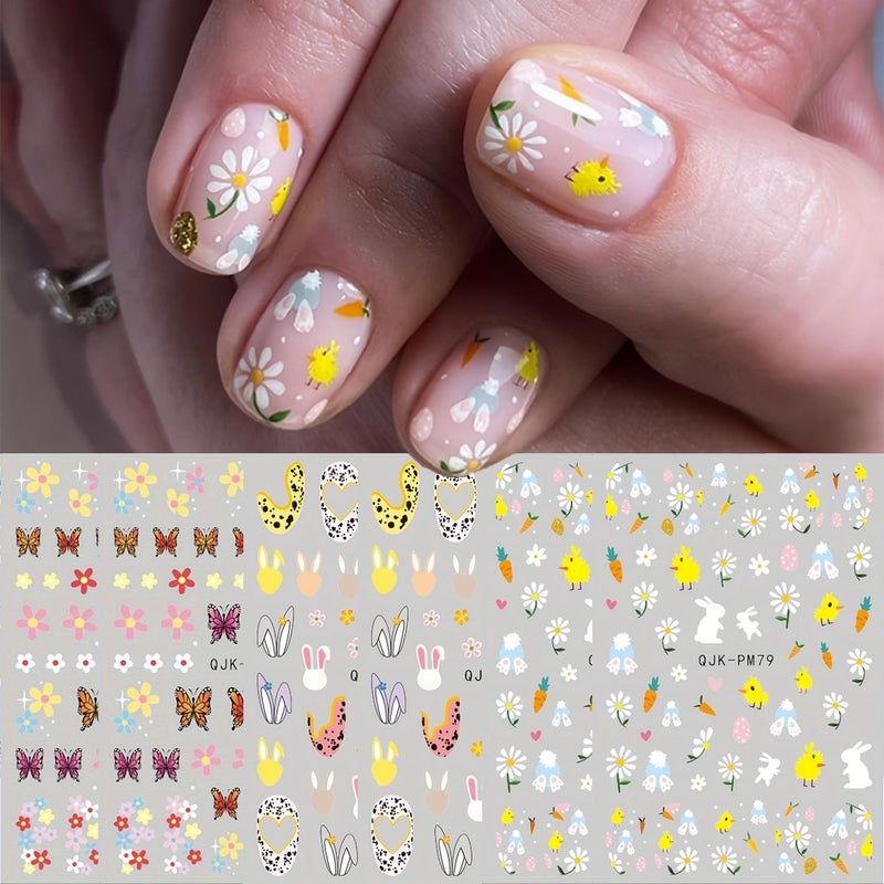6Sheets Easter Nail Art Stickers Spring 3D SelfAdhesive Nail Decals Cute Bunny Flower Designs Nail Decorations Floral Daisy Butterfly DIY Nail Supplies Easter Nail Accessories for Women Kids