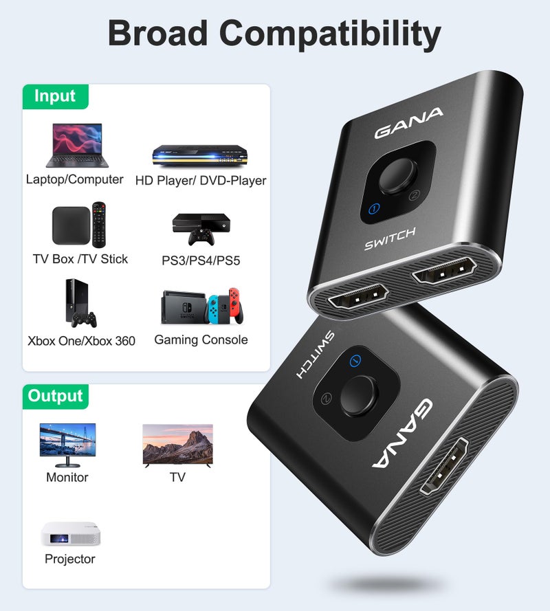 GANA HDMI Switch 4k@60hz Splitter, GANA Aluminum Bidirectional HDMI Switcher 2 in 1 Out, Manual HDMI Hub Supports HD Compatible with Xbox PS5/4/3 Blu-Ray Player Roku - Image 4
