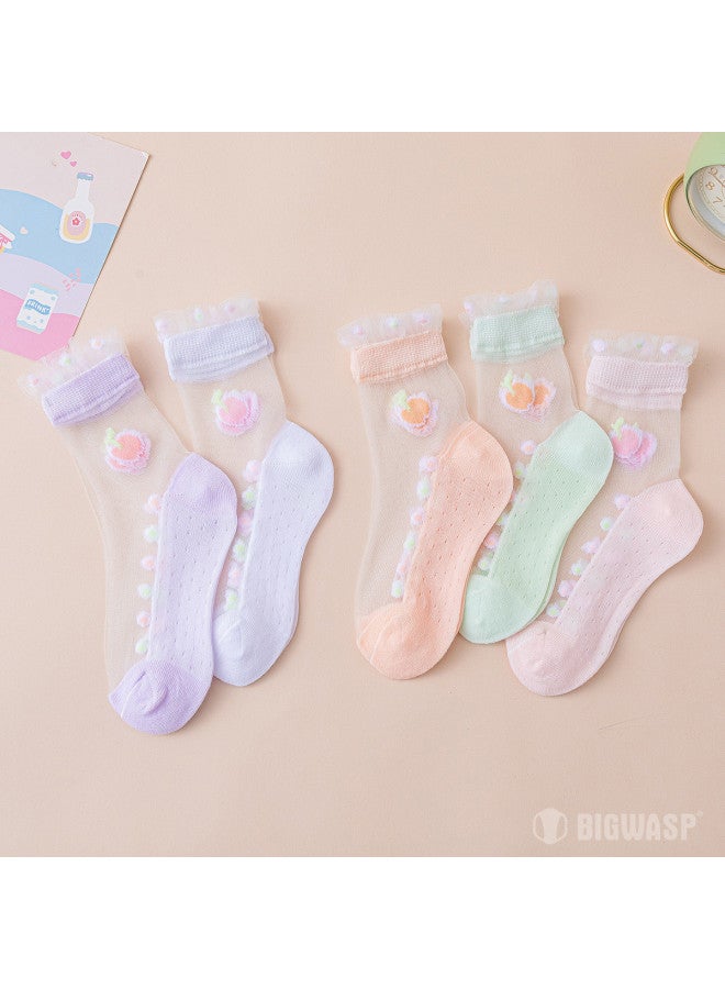 Bumblebee 5-pair Autumn Girls' Socks Crystal Mid-calf Socks For Students Breathable Mesh Socks Non-stuffy Feet - Image 3