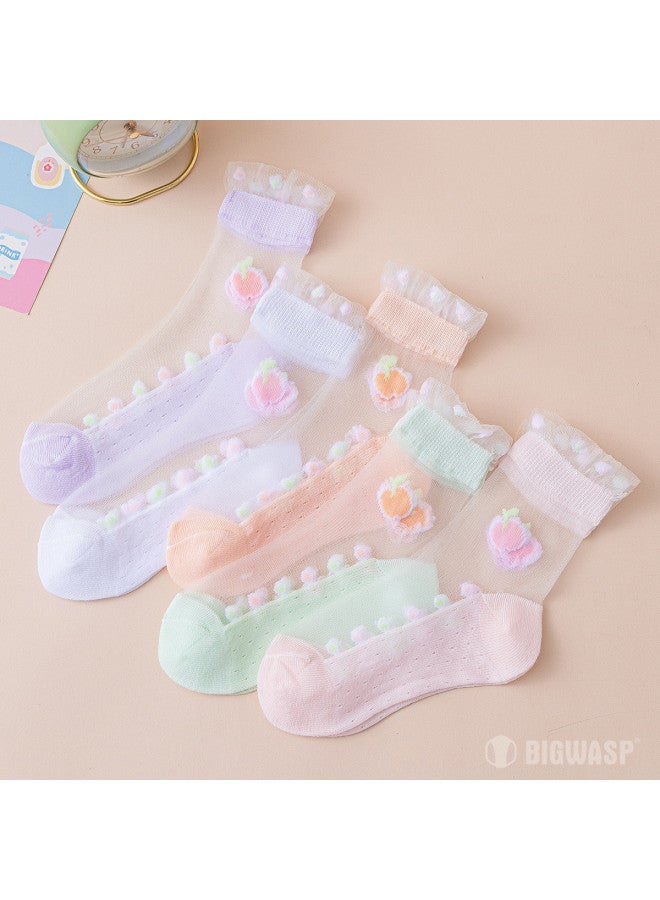 Bumblebee 5-pair Autumn Girls' Socks Crystal Mid-calf Socks For Students Breathable Mesh Socks Non-stuffy Feet - Image 2