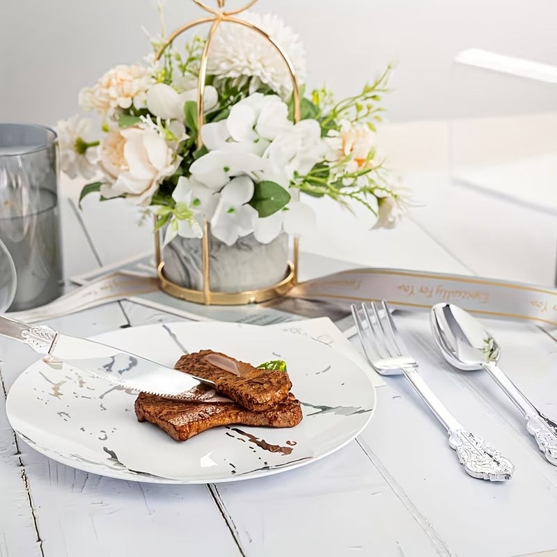 20 قطعة من أدوات المائدة الفضية الفاخرة القابلة لإعادة الاستخدام بنقش عتيق بارز لحفلات الزفاف وأعياد الميلاد وعشاء رمضان ورأس السنة الجديدة - Image 5