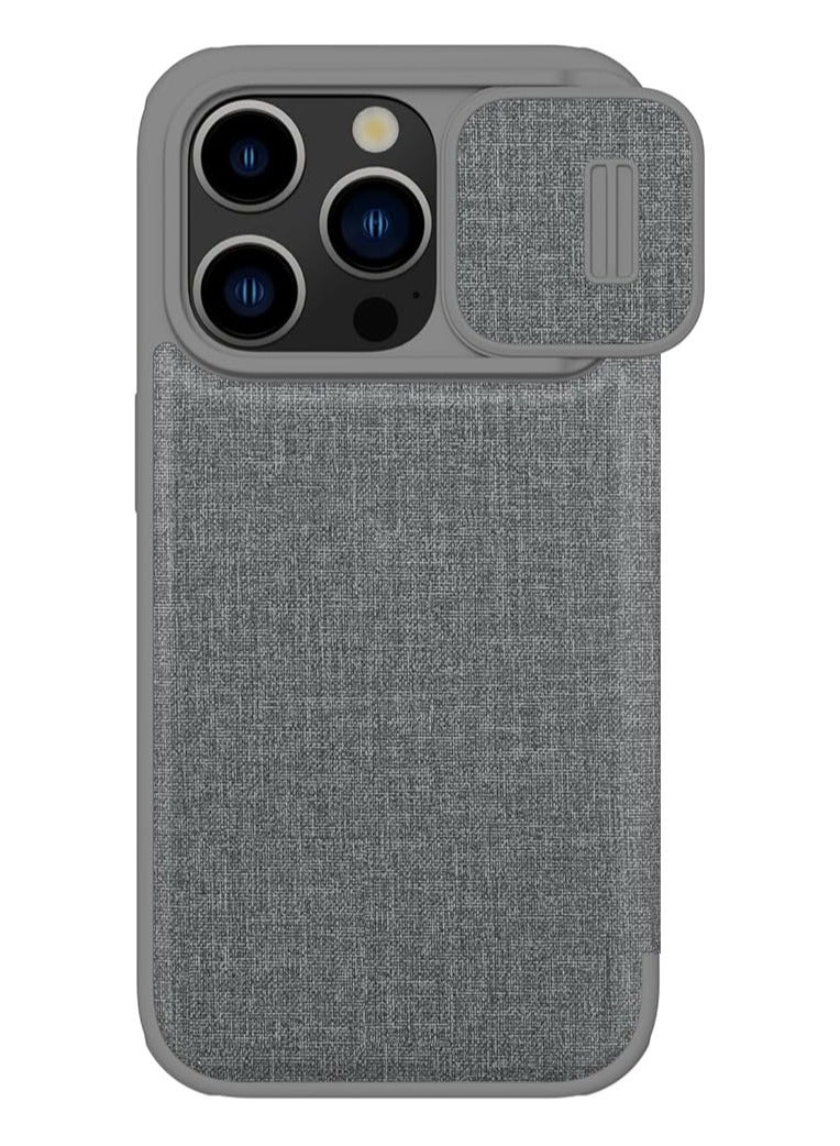 Nillkin Qin Pro Leather Series Case for Apple iPhone 15 Pro Max - Classic Grey, Premium Plain Leather  Cloth Design - Image 1