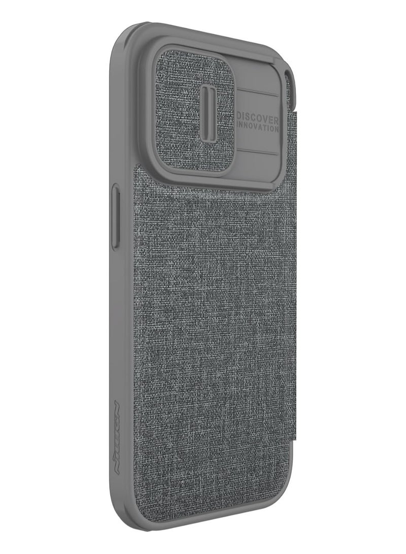 Nillkin Qin Pro Leather Series Case for Apple iPhone 15 Pro Max - Classic Grey, Premium Plain Leather  Cloth Design - Image 3