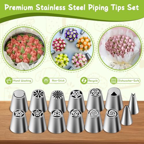 Suuker 27 Pieces Russian Piping Tips Set, Cake Decorating Tips Baking Supplies for Cupcake Cookies Birthday Party (12 Icing Tips 10 Pastry Baking Bags 2 Leaf Piping Tips 2 Couplers 1 Silicone Bag) - Image 5