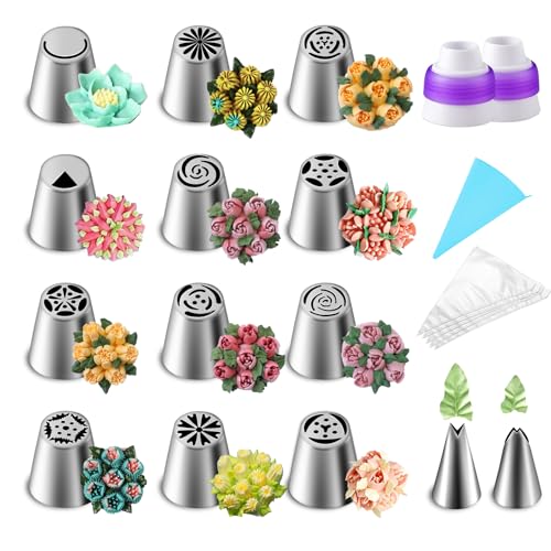 Suuker 27 Pieces Russian Piping Tips Set, Cake Decorating Tips Baking Supplies for Cupcake Cookies Birthday Party (12 Icing Tips 10 Pastry Baking Bags 2 Leaf Piping Tips 2 Couplers 1 Silicone Bag) - Image 1
