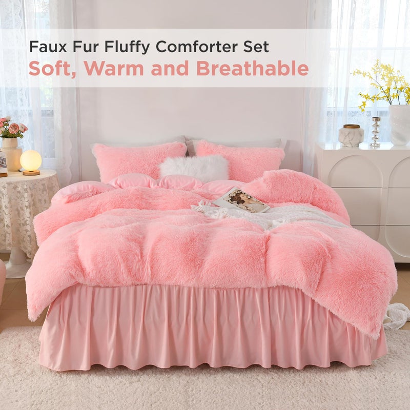 Litanika Litanika Pink Fluffy Comforter Queen Size  Luxury Shaggy Faux Fur Bedding Cute for Women Girls  Ultra Soft Velvet Fuzzy Queen Bed Set 3 Pieces(1 Plush Comforter 90?90 Inch  2 Pillowcases)  - Image 4