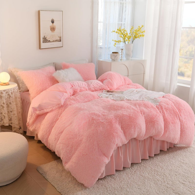 Litanika Litanika Pink Fluffy Comforter Queen Size  Luxury Shaggy Faux Fur Bedding Cute for Women Girls  Ultra Soft Velvet Fuzzy Queen Bed Set 3 Pieces(1 Plush Comforter 90?90 Inch  2 Pillowcases)  - Image 2