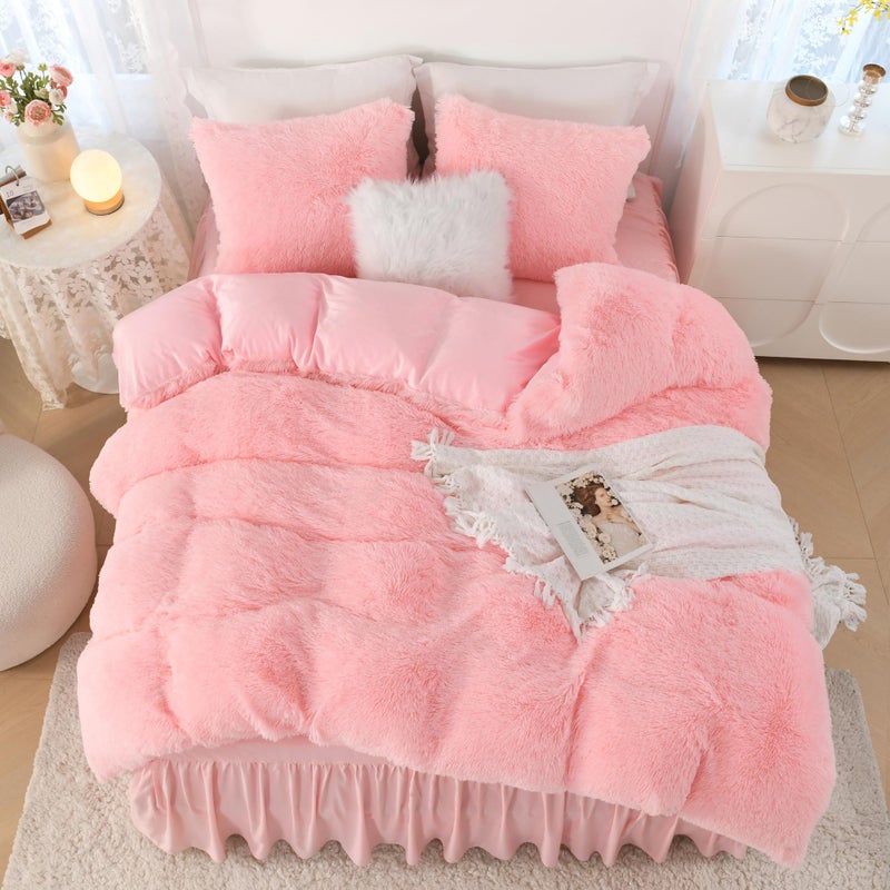 Litanika Litanika Pink Fluffy Comforter Queen Size  Luxury Shaggy Faux Fur Bedding Cute for Women Girls  Ultra Soft Velvet Fuzzy Queen Bed Set 3 Pieces(1 Plush Comforter 90?90 Inch  2 Pillowcases)  - Image 3