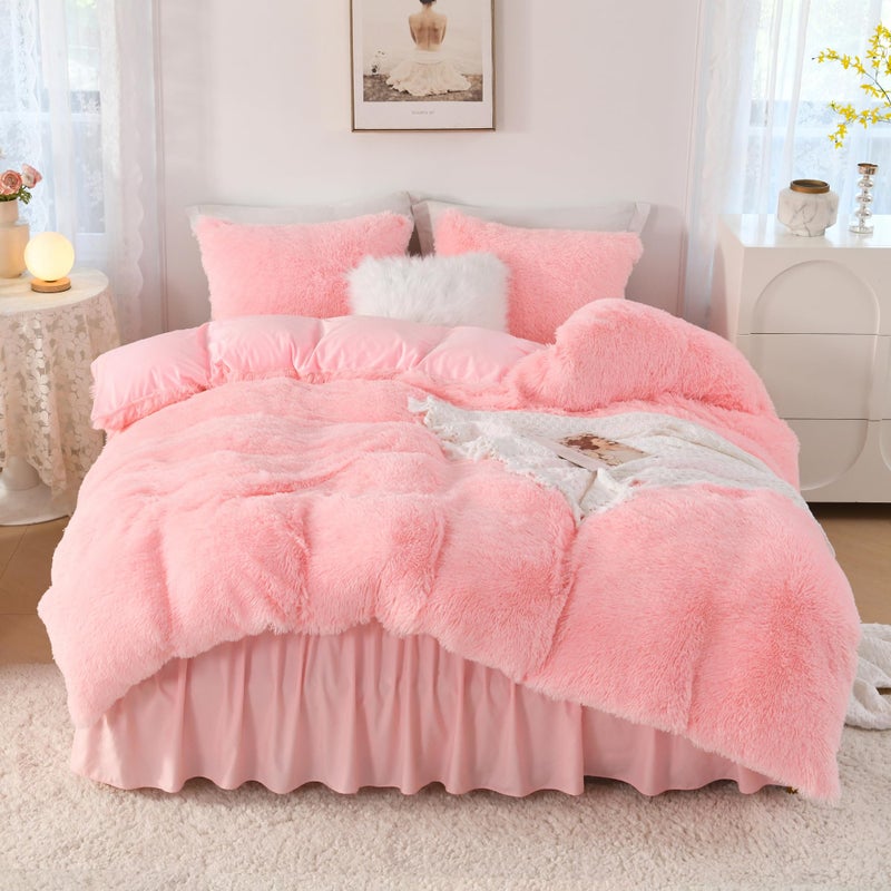 Litanika Litanika Pink Fluffy Comforter Queen Size  Luxury Shaggy Faux Fur Bedding Cute for Women Girls  Ultra Soft Velvet Fuzzy Queen Bed Set 3 Pieces(1 Plush Comforter 90?90 Inch  2 Pillowcases)  - Image 1