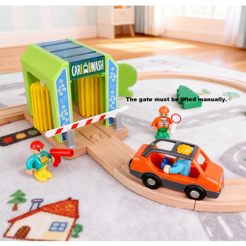 HANQIANN Wooden Car Wash Station with Train Truck,Expansion Pack Compatible with Railway Train Set,Wooden Toy Train Accessory for Kids Age 3 and Up - Image 2