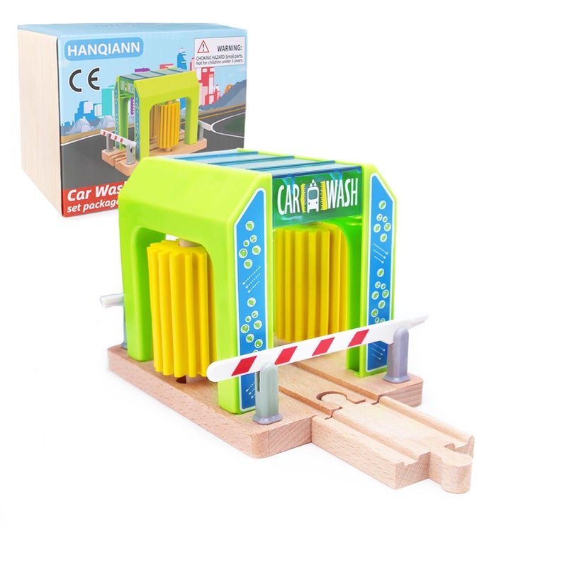 HANQIANN Wooden Car Wash Station with Train Truck,Expansion Pack Compatible with Railway Train Set,Wooden Toy Train Accessory for Kids Age 3 and Up - Image 1