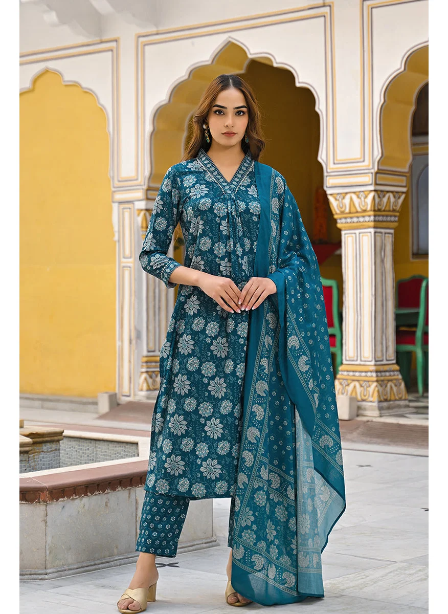 زيري سوق Blue Rayon Blend Floral Printed Straight 3-Piece Kurta Set