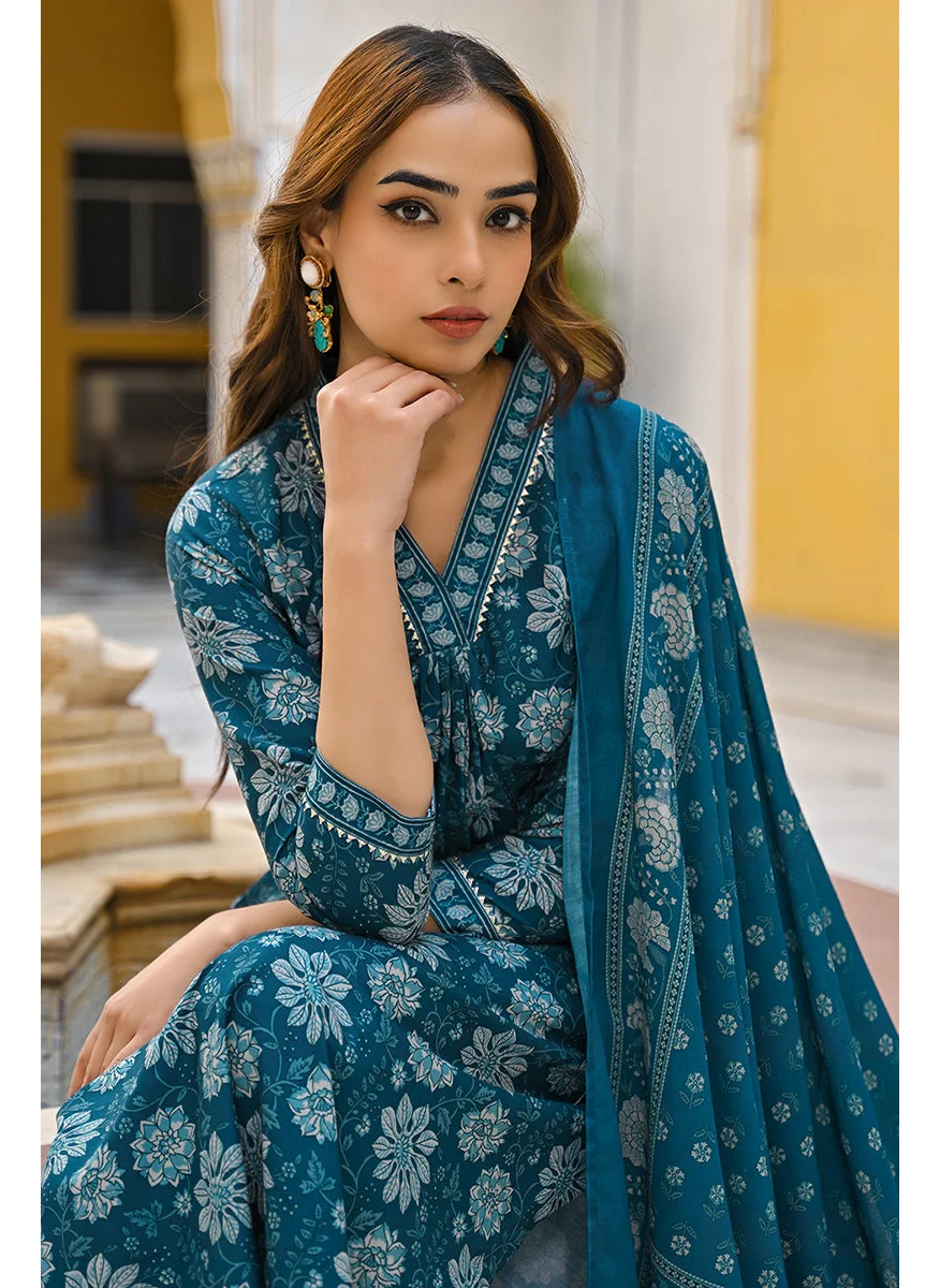 زيري سوق Blue Rayon Blend Floral Printed Straight 3-Piece Kurta Set
