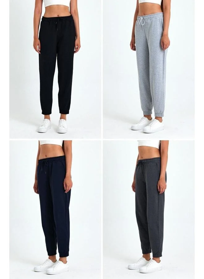 Mmetalic Women’s Black-Navy-Grey-Anthracite Cotton 4-Piece Tracksuit with Thick-Cuffed Elastic High-Waist Comfortable Joggers.