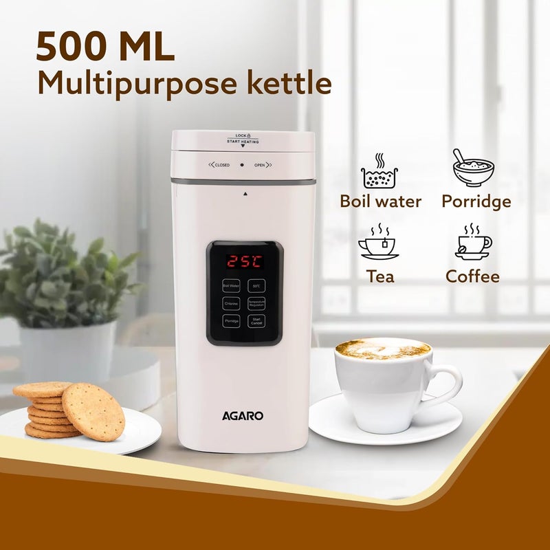 AGARO Delite Portable Electric Kettle, 500 Ml, Fast Boiling, Adjustable Temperature, Keep Warm, Dechlorination, Porridge, Double Layered Body, Travel Electric Kettle, Hot Water, White - Image 2