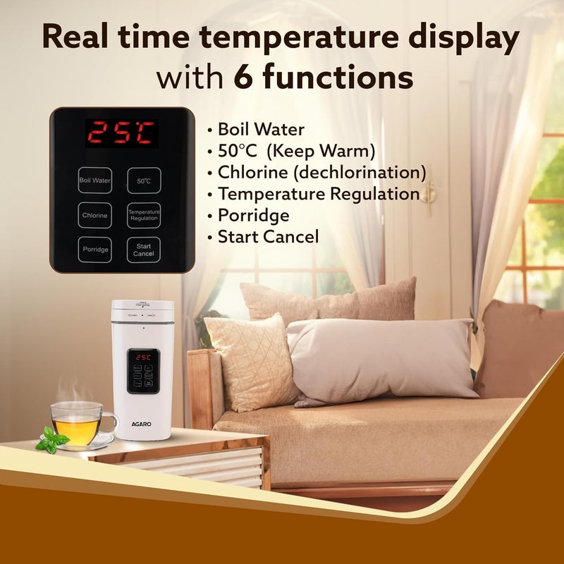 AGARO Delite Portable Electric Kettle, 500 Ml, Fast Boiling, Adjustable Temperature, Keep Warm, Dechlorination, Porridge, Double Layered Body, Travel Electric Kettle, Hot Water, White - Image 3