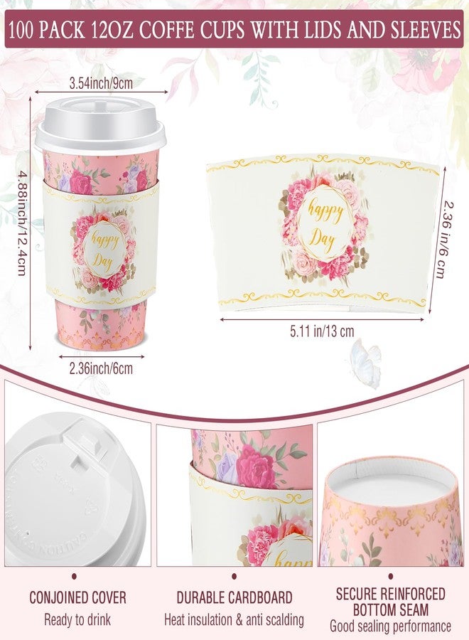 Remerry 100 Pcs 12oz Floral Disposable Coffee Cups with 100 Lids and 100 Sleeves Paper Insulated Drink Hot Coffee Paper Cups with Dome Lids and Sleeves for Parties Wedding Baby Shower(Retro) - Image 2