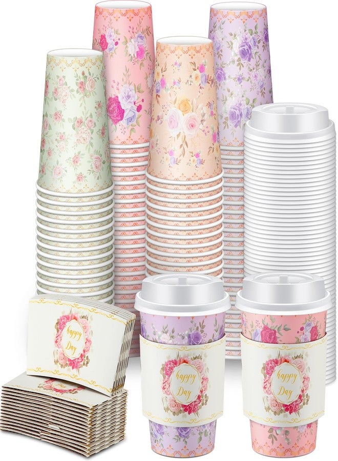 Remerry 100 Pcs 12oz Floral Disposable Coffee Cups with 100 Lids and 100 Sleeves Paper Insulated Drink Hot Coffee Paper Cups with Dome Lids and Sleeves for Parties Wedding Baby Shower(Retro) - Image 1