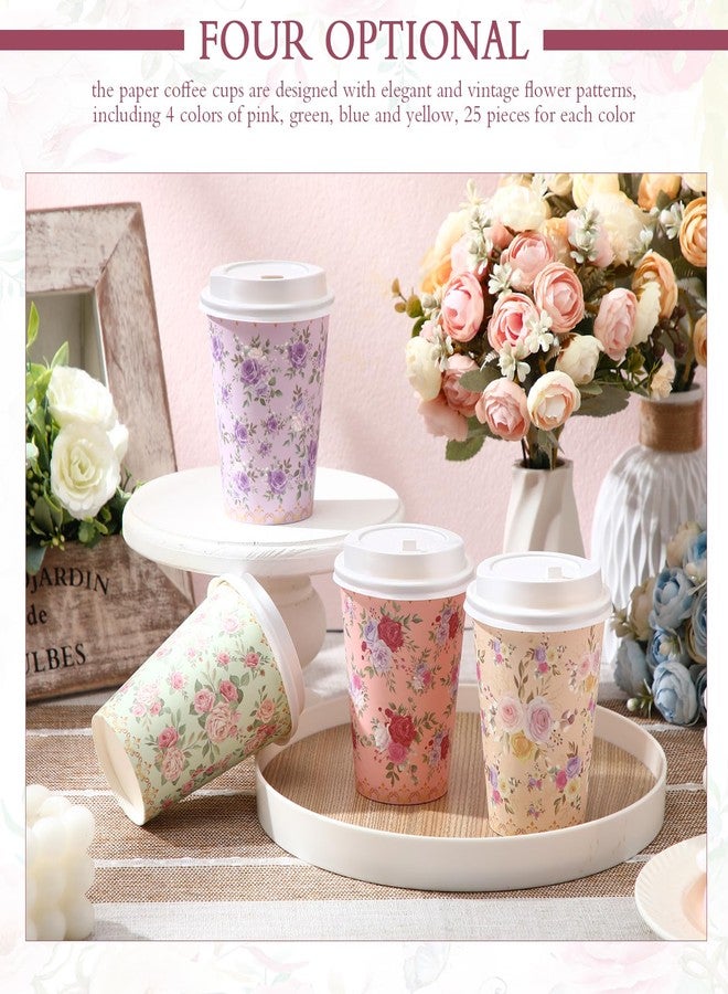Remerry 100 Pcs 12oz Floral Disposable Coffee Cups with 100 Lids and 100 Sleeves Paper Insulated Drink Hot Coffee Paper Cups with Dome Lids and Sleeves for Parties Wedding Baby Shower(Retro) - Image 4