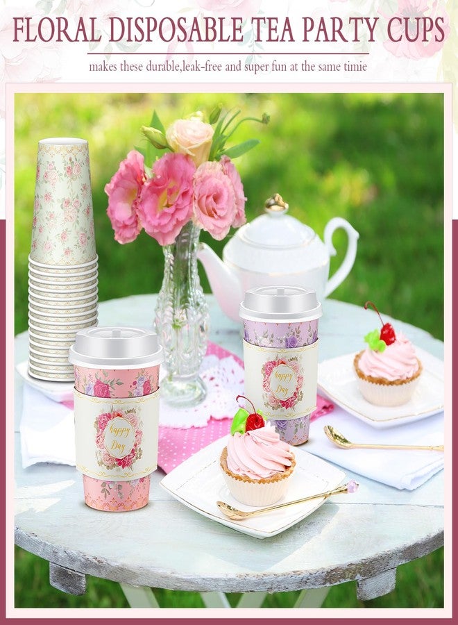 Remerry 100 Pcs 12oz Floral Disposable Coffee Cups with 100 Lids and 100 Sleeves Paper Insulated Drink Hot Coffee Paper Cups with Dome Lids and Sleeves for Parties Wedding Baby Shower(Retro) - Image 5
