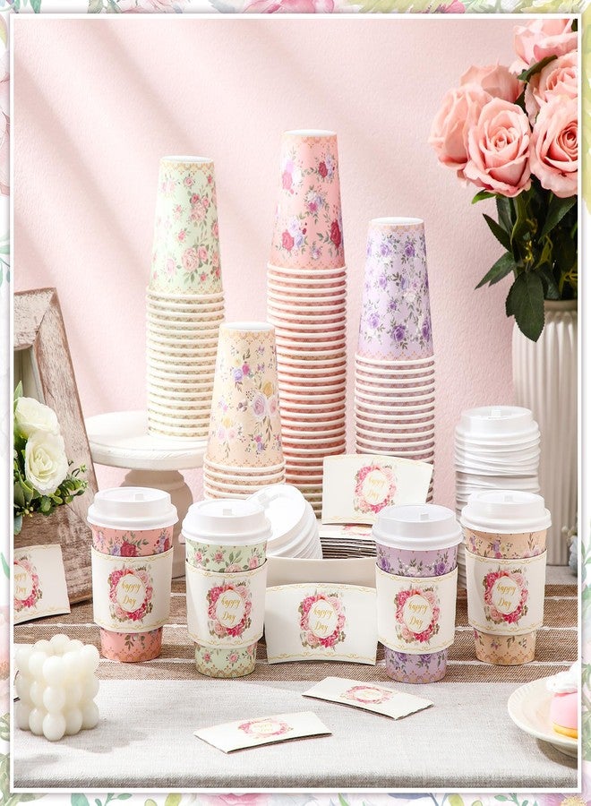 Remerry 100 Pcs 12oz Floral Disposable Coffee Cups with 100 Lids and 100 Sleeves Paper Insulated Drink Hot Coffee Paper Cups with Dome Lids and Sleeves for Parties Wedding Baby Shower(Retro) - Image 3