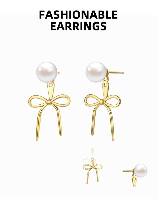 YILIN Women'S Golden Bow Earrings, Long Tassel Chain Earrings, Fashionable Small Bow Earrings, Ribbon Waterfall Pendant Earrings, Pearl Bow Earrings, Shiny And Elegant Bow School-Style Women'S Jewelry Gifts - Image 2