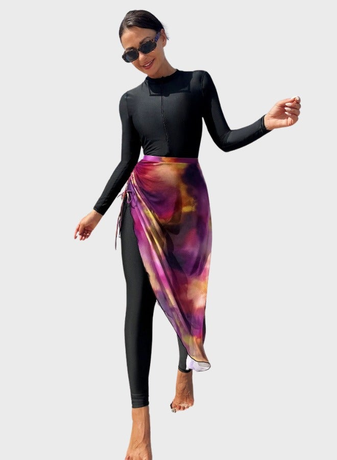 Fianser Burkini Swimsuit Set Long Sleeve One-Piece with Wrap Skirt Zipper Chiffon Sun Protection Swimwear Conservative Diving Surfing Suit for Women Daily Beachwear - Image 2