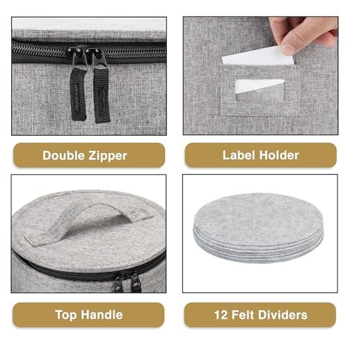 STOZU China Storage Container for Saucer, Bowls, and Appetizer Plates - Fit dishes up to 6.5" W - Includes 12 Felt Dividers - Stackable with Hard Shell on all sides and Interior Quilted Padding - Image 4