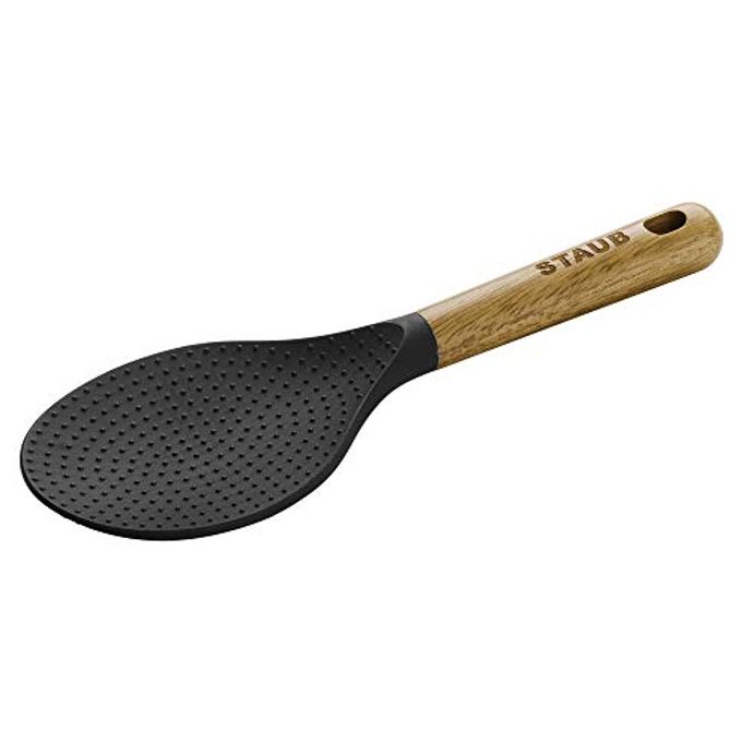 STAUB Rice Spoon, Perfect for Keeping Rice Fluffy While Scooping and Serving, Durable BPA-Free Matte Black Silicone, Acacia Wood Handles, Safe for Nonstick Cooking Surfaces, 8.75 x 3 x 0.75 inches