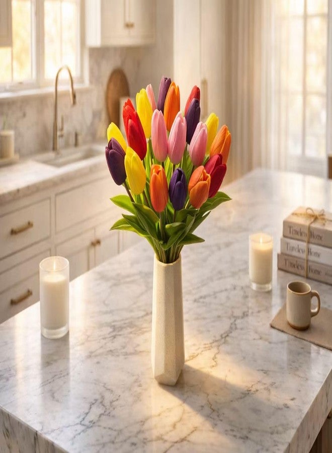 Mandy's Multicolor Artificial Tulips Flowers Centerpiece, 13.5" Lifelike PU Fake Floral Stems 20pcs for Kitchen Island & Dining Table, Spring Decor for Easter - Image 5