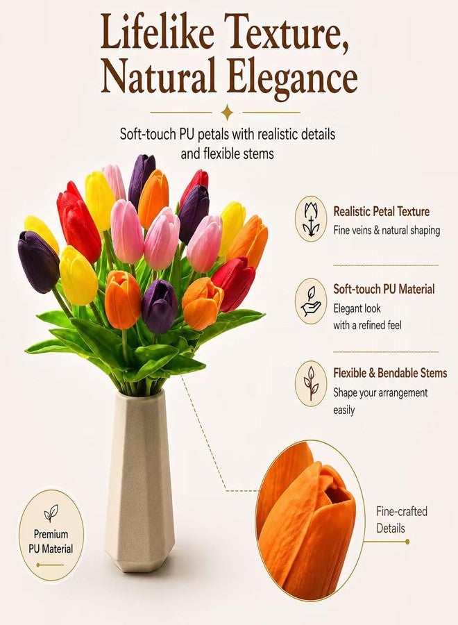 Mandy's Multicolor Artificial Tulips Flowers Centerpiece, 13.5" Lifelike PU Fake Floral Stems 20pcs for Kitchen Island & Dining Table, Spring Decor for Easter - Image 2