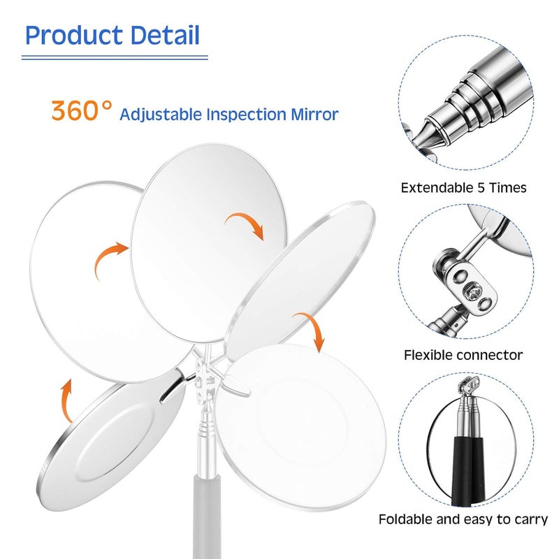 Honoson 2 Pcs Telescoping Inspection Mirror Set 3 Lb Magnetic Stick Gadget 3.14 Inches Flexible Round Mirror 29.5 Inches Extra Long Handle Telescoping Magnet Pickup Tools for Christmas Birthday Father's Day - Image 3