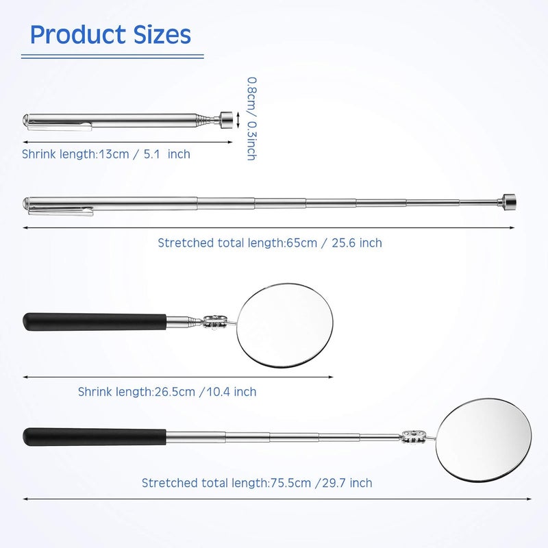 Honoson 2 Pcs Telescoping Inspection Mirror Set 3 Lb Magnetic Stick Gadget 3.14 Inches Flexible Round Mirror 29.5 Inches Extra Long Handle Telescoping Magnet Pickup Tools for Christmas Birthday Father's Day - Image 2