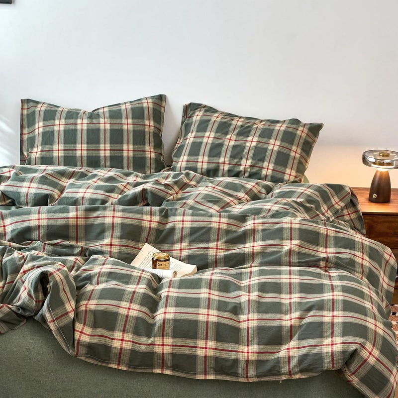 EAVD Vintage Style Green Plaid Duvet Cover Queen Soft 100% Washed Cotton Red Green Grid Checkered Bedding Set with 2 Pillowcases Retro Farmhouse Geometric Grid Duvet Cover with Zipper Closure - Image 5