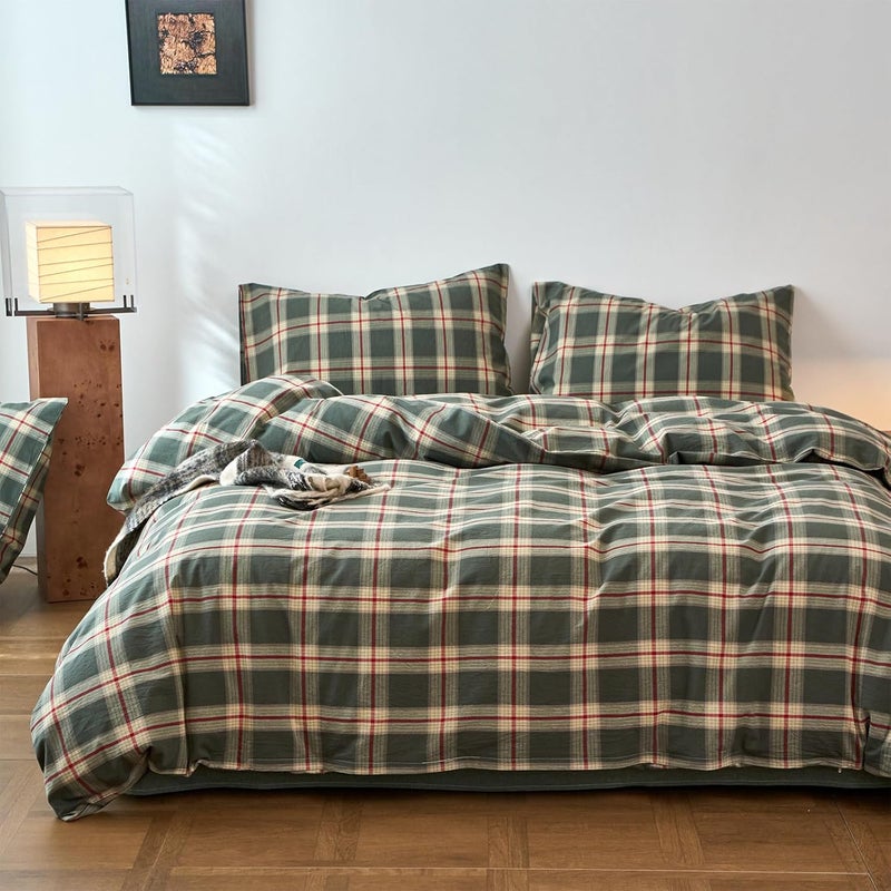 EAVD Vintage Style Green Plaid Duvet Cover Queen Soft 100% Washed Cotton Red Green Grid Checkered Bedding Set with 2 Pillowcases Retro Farmhouse Geometric Grid Duvet Cover with Zipper Closure - Image 1