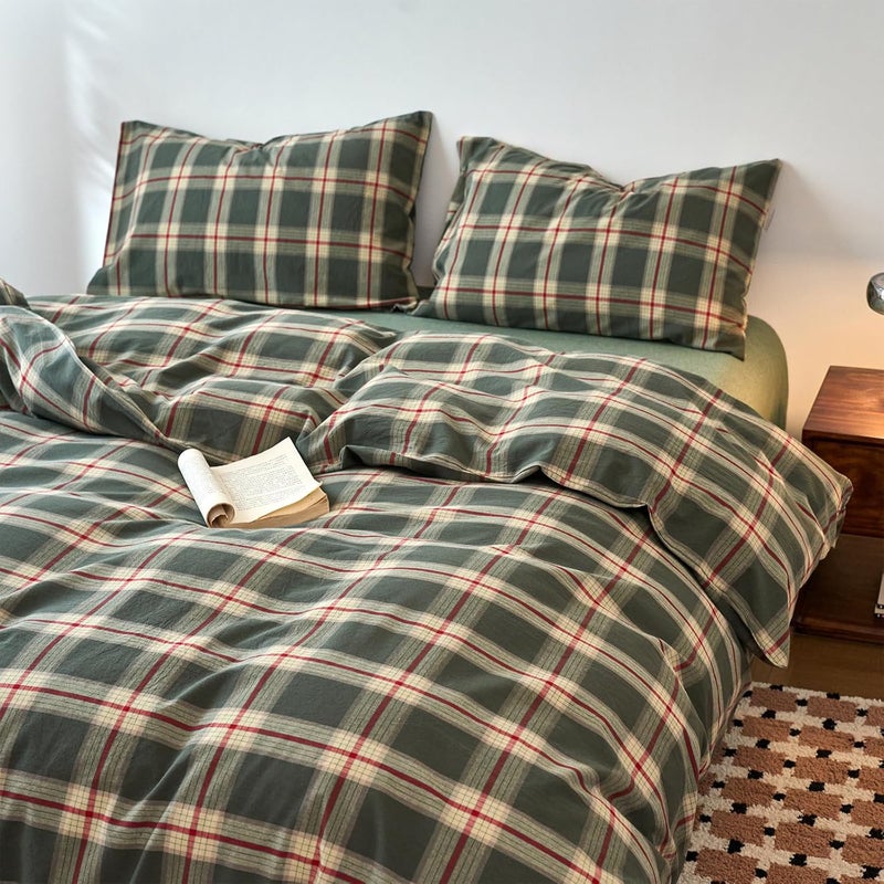 EAVD Vintage Style Green Plaid Duvet Cover Queen Soft 100% Washed Cotton Red Green Grid Checkered Bedding Set with 2 Pillowcases Retro Farmhouse Geometric Grid Duvet Cover with Zipper Closure - Image 3