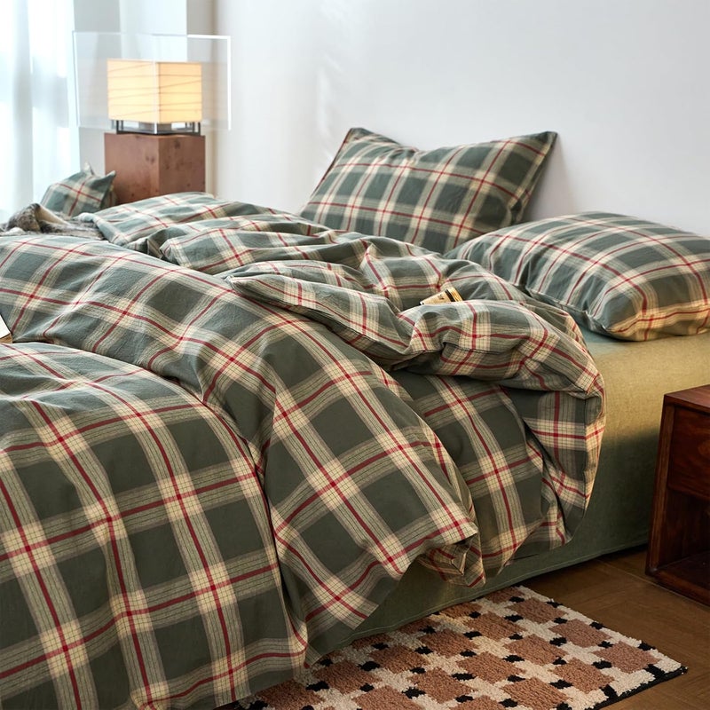 EAVD Vintage Style Green Plaid Duvet Cover Queen Soft 100% Washed Cotton Red Green Grid Checkered Bedding Set with 2 Pillowcases Retro Farmhouse Geometric Grid Duvet Cover with Zipper Closure - Image 2